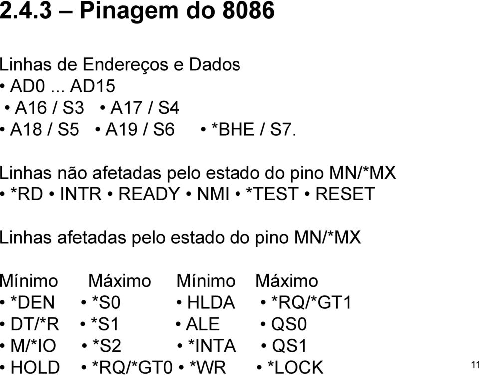 Linhas não afetadas pelo estado do pino MN/*MX *RD INTR READY NMI *TEST RESET Linhas