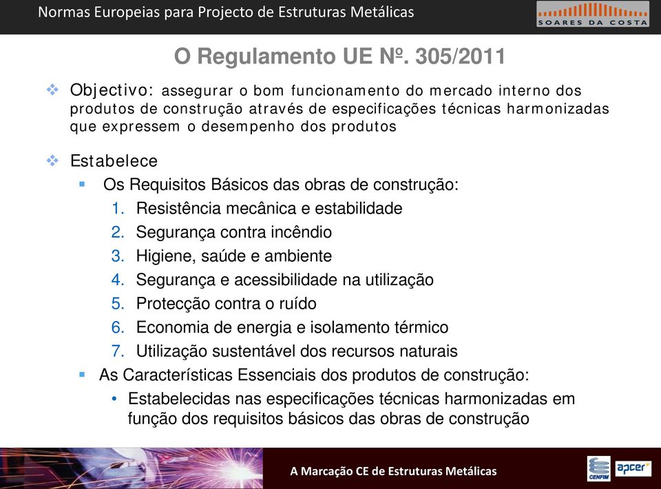 dos produtos Estabelece Os Requisitos Básicos das obras de construção: 1. Resistência mecânica e estabilidade 2. Segurança contra incêndio 3. Higiene, saúde e ambiente 4.