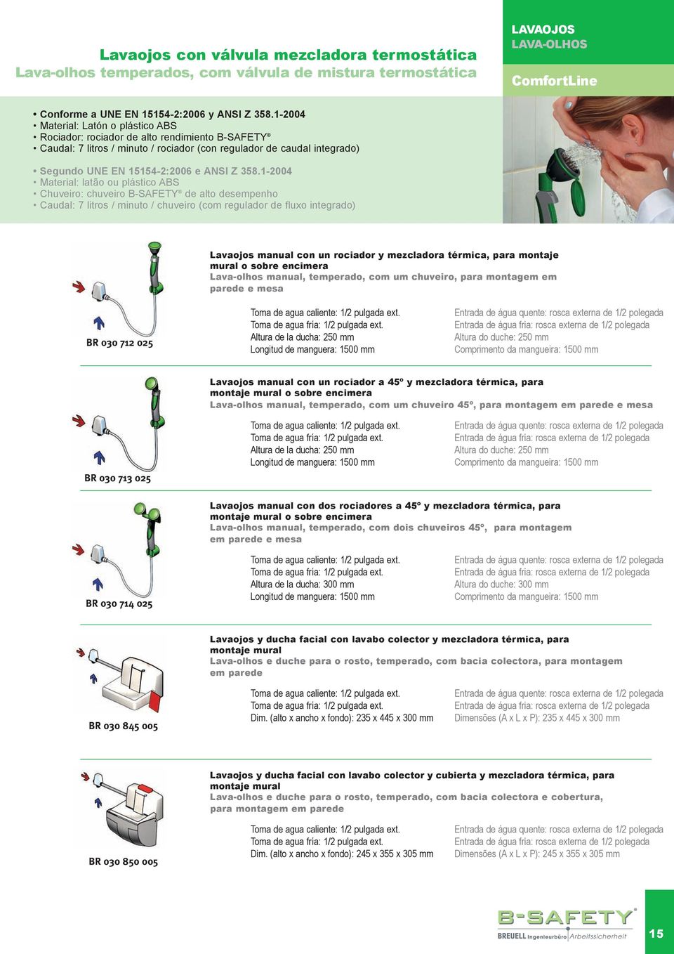 1-2004 Material: latão ou plástico ABS Chuveiro: chuveiro B-SAFETY de alto desempenho Caudal: 7 litros / minuto / chuveiro (com regulador de fluxo integrado) Lavaojos manual con un rociador y