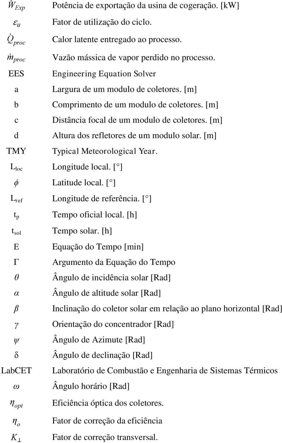 [m] Altura dos refletores de um modulo solar. [m] Typical Meteorological Year. L loc Longitude local. [ ] ϕ Latitude local. [ ] L ref Longitude de referência.