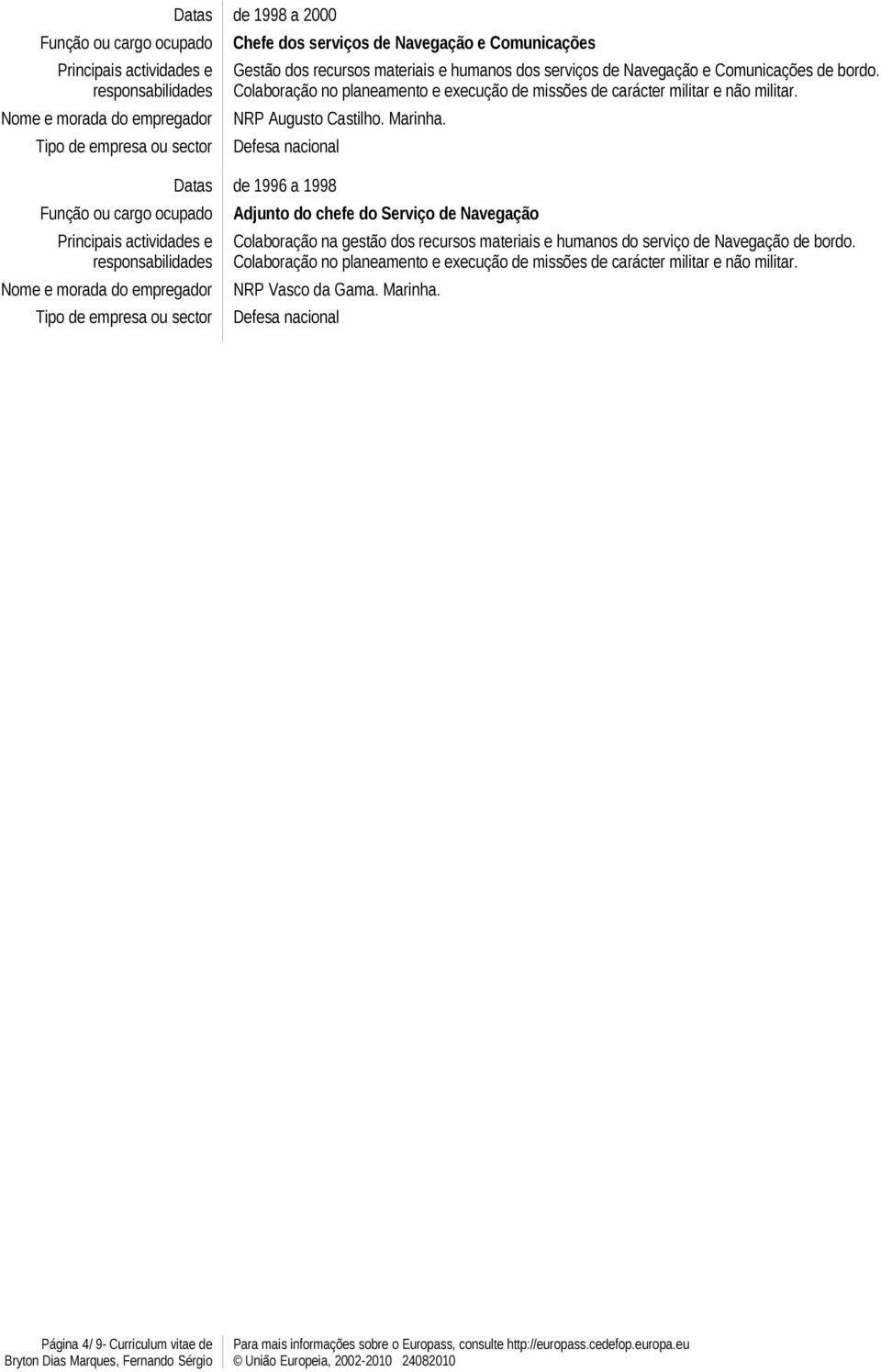 Defesa nacional Datas de 1996 a 1998 Adjunto do chefe do Serviço de Navegação Colaboração na gestão dos recursos materiais e humanos do serviço de