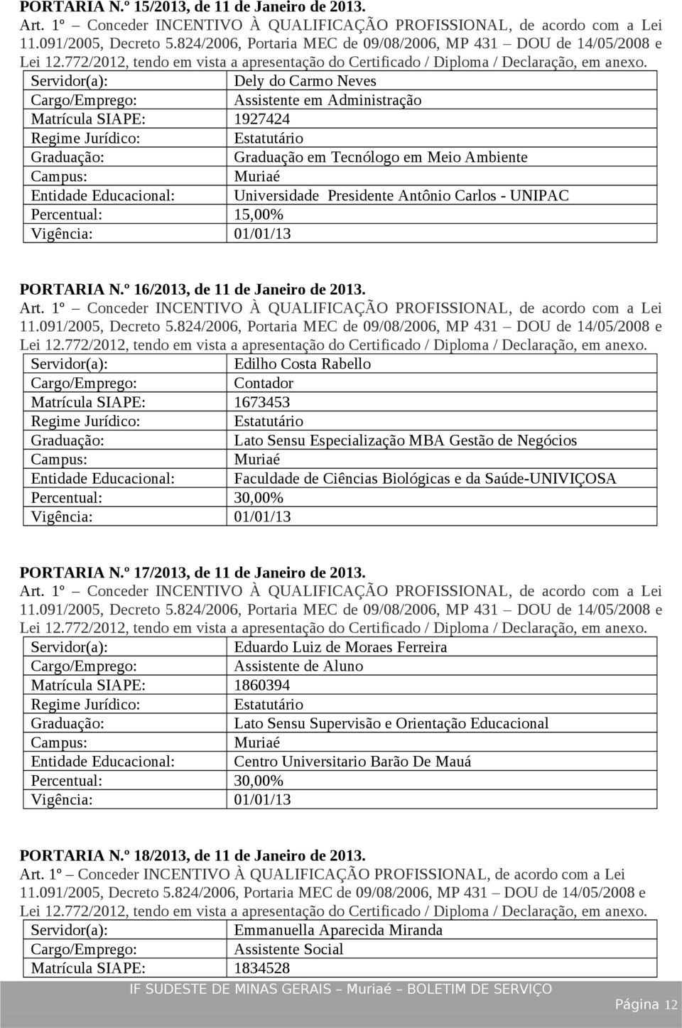 15,00% PORTARIA N.º 16/2013, de 11 de Janeiro de 2013.