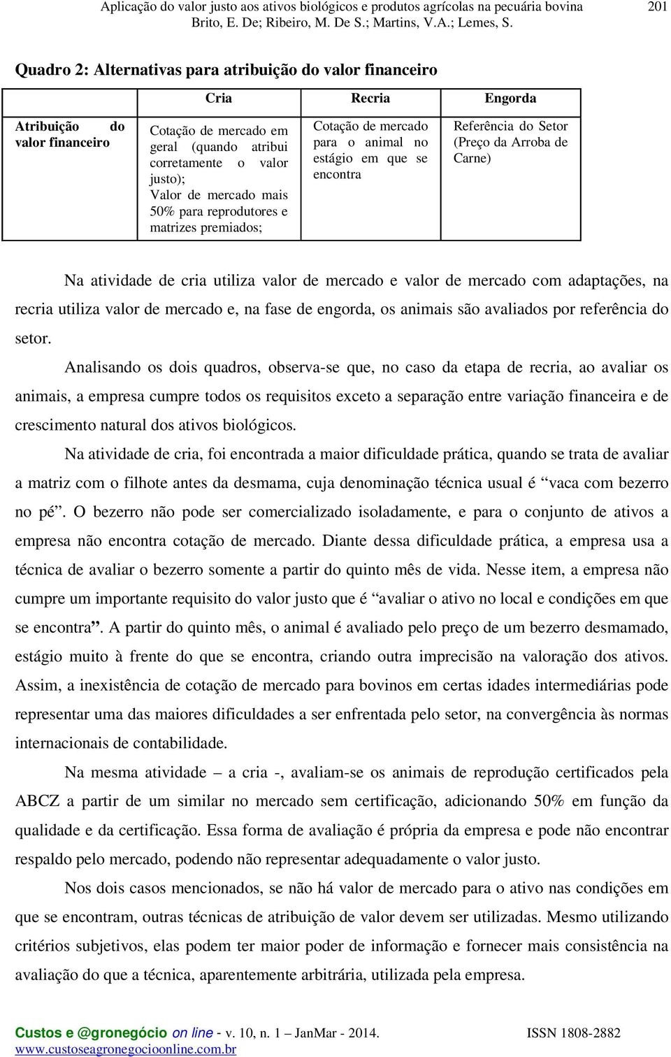 que se encontra Referência do Setor (Preço da Arroba de Carne) Na atividade de cria utiliza valor de mercado e valor de mercado com adaptações, na recria utiliza valor de mercado e, na fase de