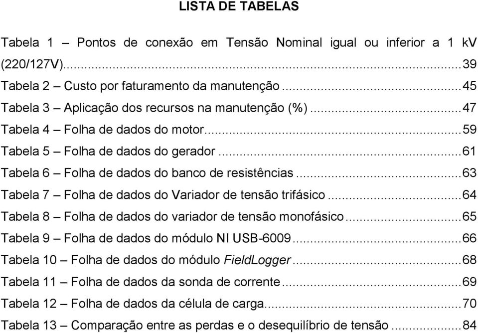 .. 61 Tabela 6 Folha de dados do banco de resistências... 63 Tabela 7 Folha de dados do Variador de tensão trifásico... 64 Tabela 8 Folha de dados do variador de tensão monofásico.