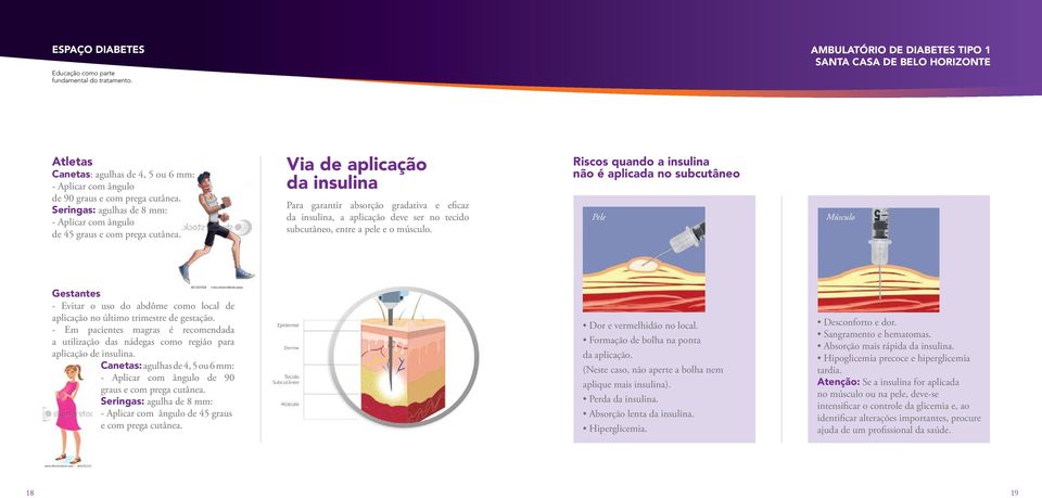 Riscos quando a insulina não é aplicada no subcutâneo Pele Músculo Gestantes - Evitar o uso do abdôme como local de aplicação no último trimestre de gestação.