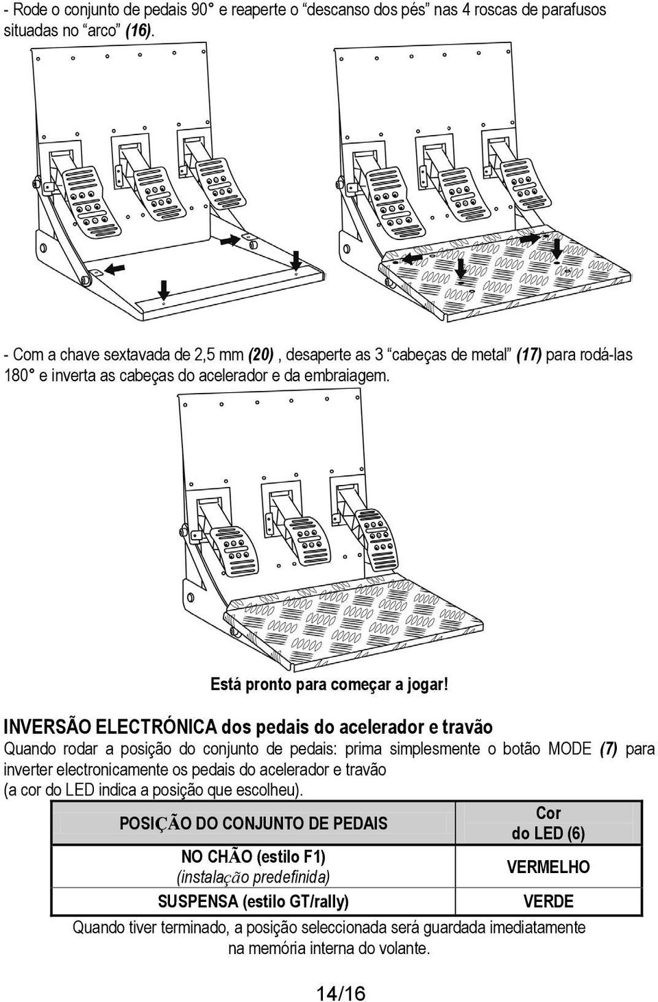 INVERSÃO ELECTRÓNICA dos pedais do acelerador e travão Quando rodar a posição do conjunto de pedais: prima simplesmente o botão MODE (7) para inverter electronicamente os pedais do acelerador e