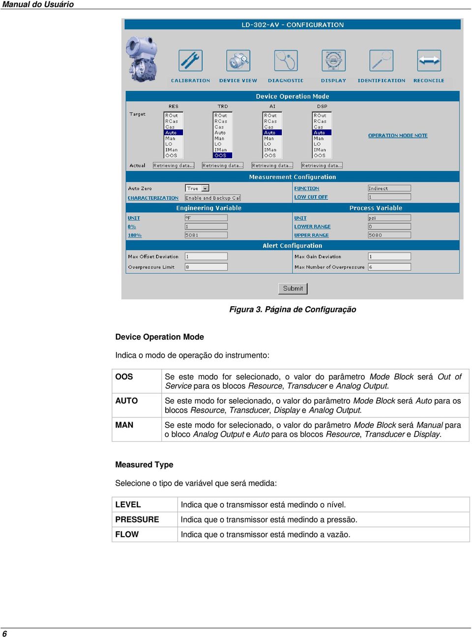 blocos Resource, Transducer e Analog Output. Se este modo for selecionado, o valor do parâmetro Mode Block será Auto para os blocos Resource, Transducer, Display e Analog Output.