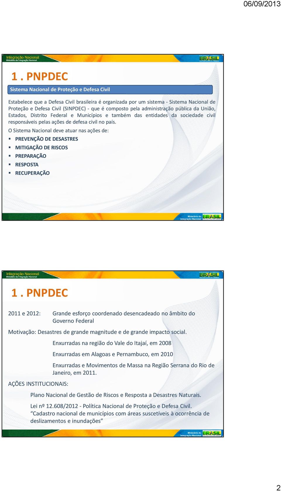 O Sistema Nacional deve atuar nas ações de: PREVENÇÃO DE DESASTRES MITIGAÇÃO DE RISCOS PREPARAÇÃO RESPOSTA RECUPERAÇÃO 1.