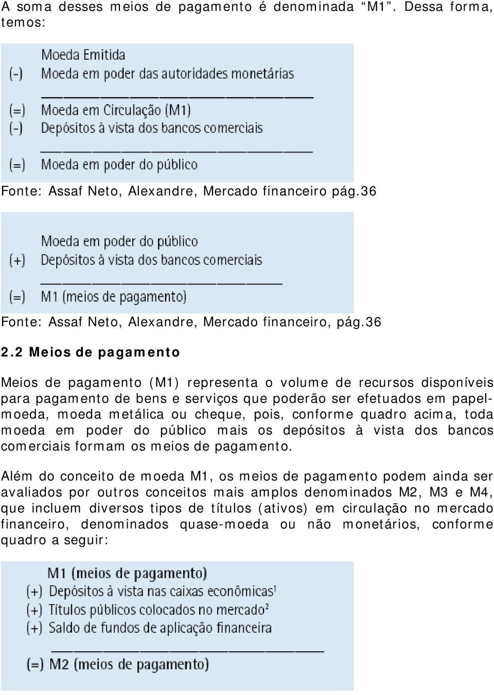 conforme quadro acima, toda moeda em poder do público mais os depósitos à vista dos bancos comerciais formam os meios de pagamento.