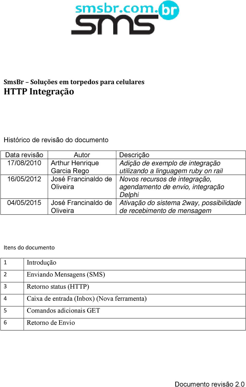 recursos de integração, agendamento de envio, integração Delphi Ativação do sistema 2way, possibilidade de recebimento de mensagem Itens do documento 1 2 3 4 5 6