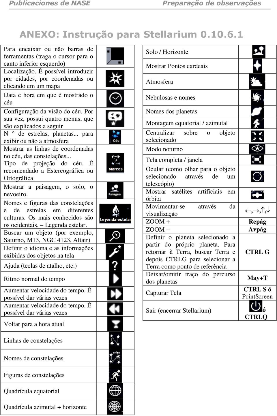 Por sua vez, possui quatro menus, que são explicados a seguir N de estrelas, planetas... para exibir ou não a atmosfera Mostrar as linhas de coordenadas no céu, das constelações.