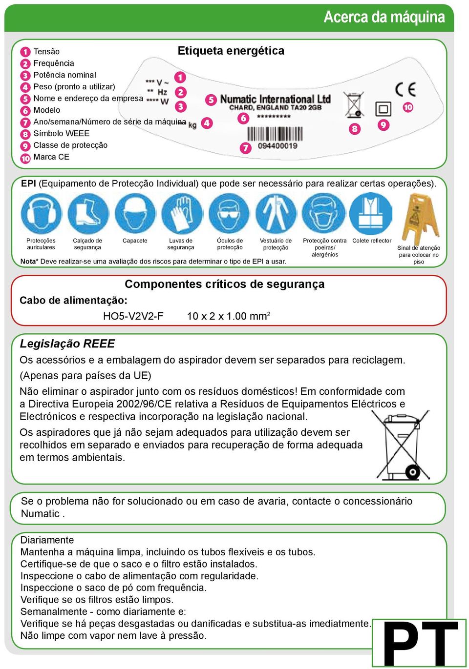 Protecções auriculares Calçado de segurança Capacete Luvas de segurança Óculos de protecção Vestuário de protecção Nota* Deve realizar-se uma avaliação dos riscos para determinar o tipo de EPI a usar.