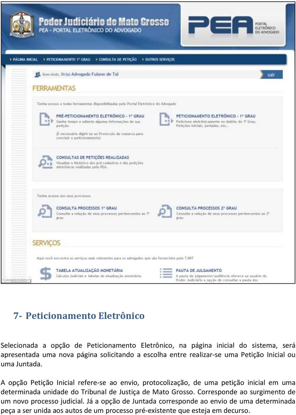 A opção Petição Inicial refere-se ao envio, protocolização, de uma petição inicial em uma determinada unidade do Tribunal de Justiça de Mato