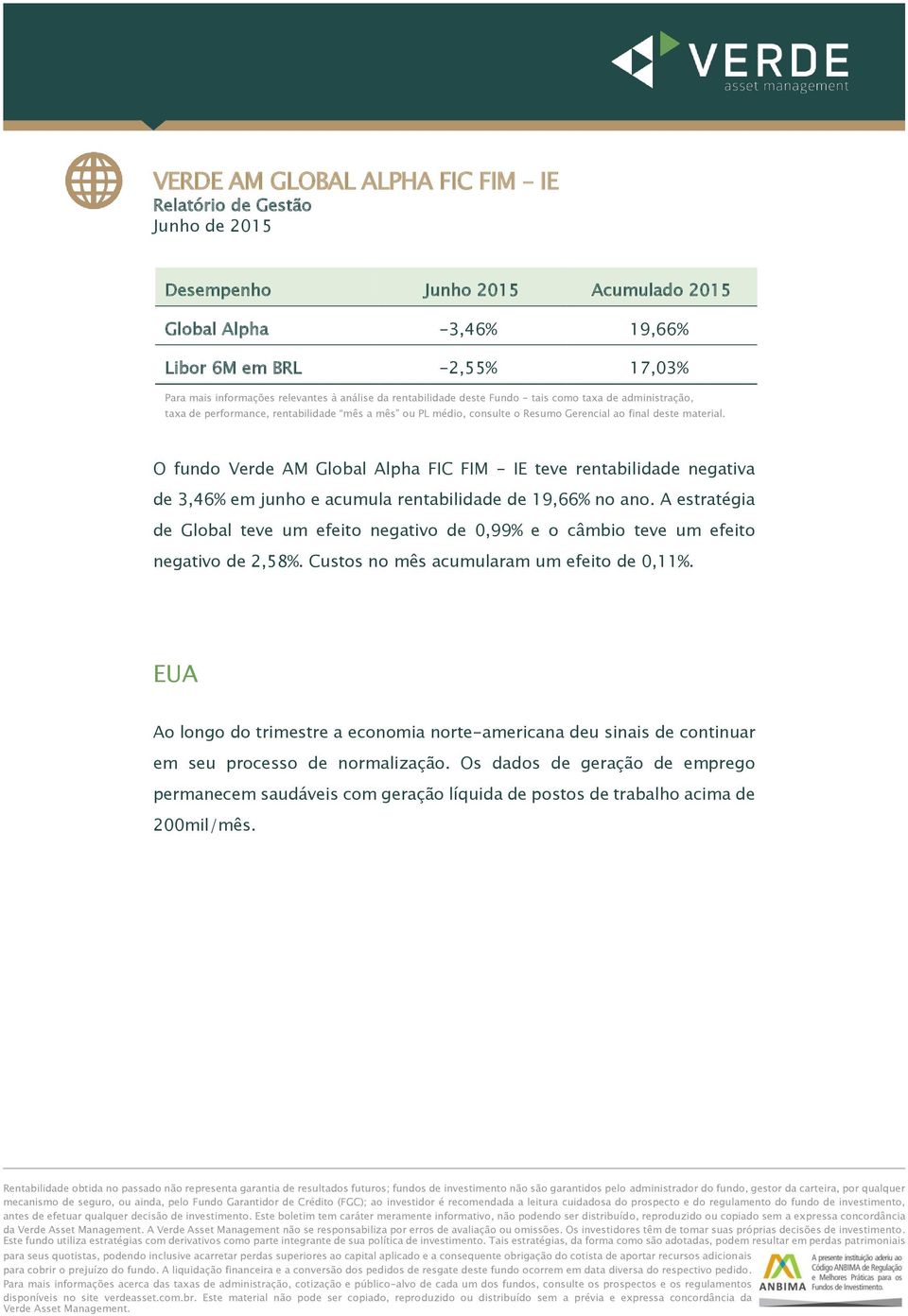 O fundo Verde AM Global Alpha FIC FIM - IE teve rentabilidade negativa de 3,46% em junho e acumula rentabilidade de 19,66% no ano.