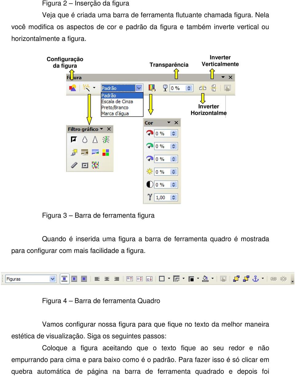 Configuração da figura Transparência Inverter Verticalmente Inverter Horizontalme Figura 3 Barra de ferramenta figura Quando é inserida uma figura a barra de ferramenta quadro é mostrada para