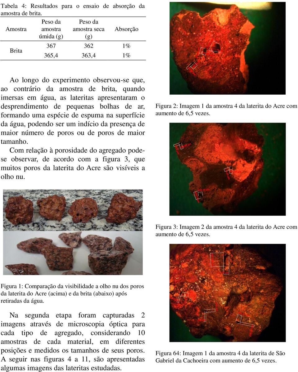 apresentaram o desprendimento de pequenas bolhas de ar, formando uma espécie de espuma na superfície da água, podendo ser um indício da presença de maior número de poros ou de poros de maior tamanho.