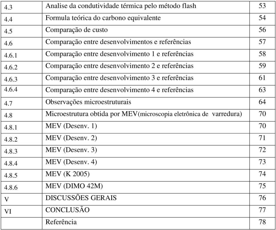 6.4 Comparação entre desenvolvimento 4 e referências 63 4.7 Observações microestruturais 64 4.8 Microestrutura obtida por MEV(microscopia eletrônica de varredura) 70 4.8.1 MEV (Desenv.