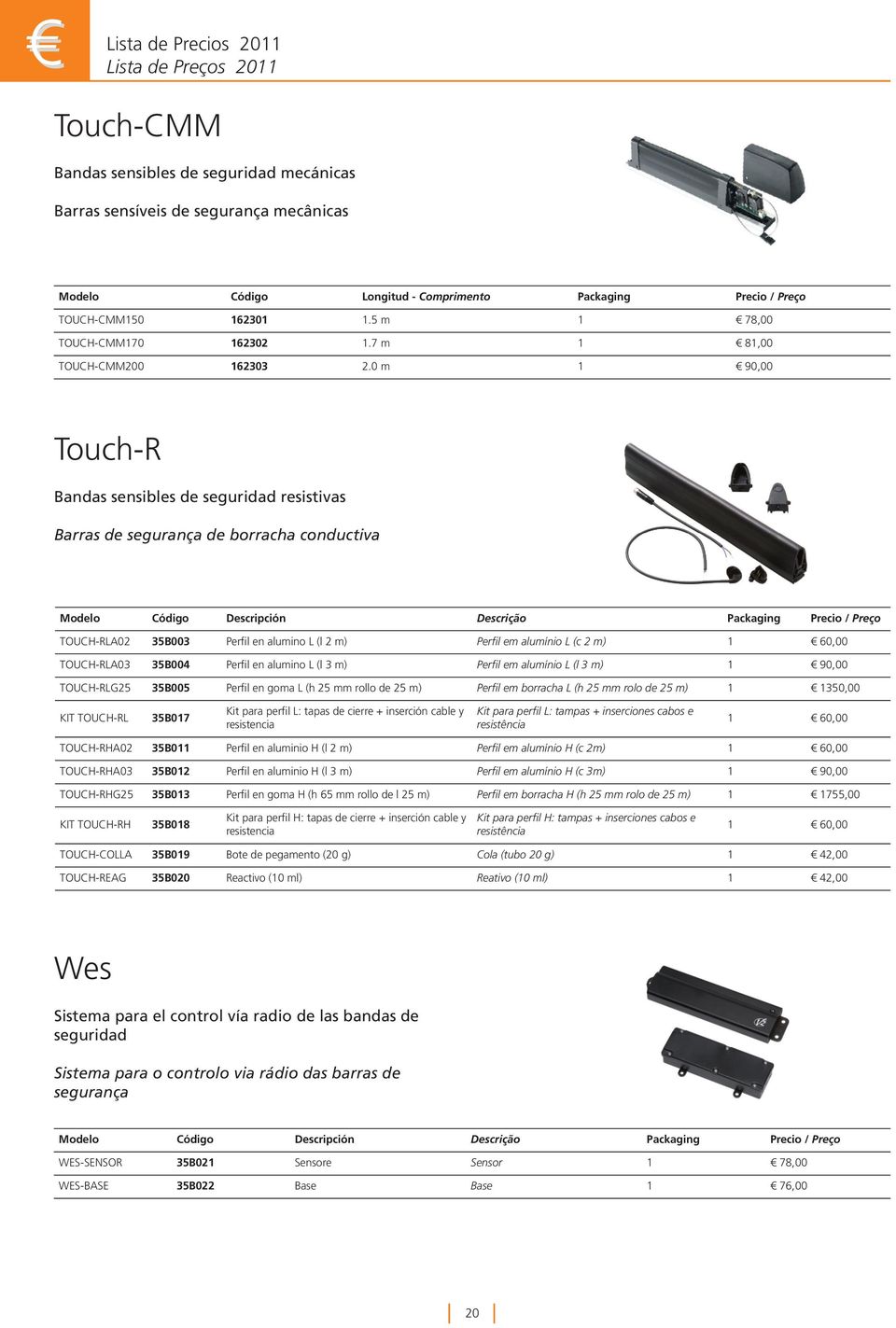 0 m 1 90,00 Touch-R Bandas sensibles de seguridad resistivas Barras de segurança de borracha conductiva TOUCH-RLA02 35B003 Perfil en alumino L (l 2 m) Perfil em alumínio L (c 2 m) 1 60,00 TOUCH-RLA03