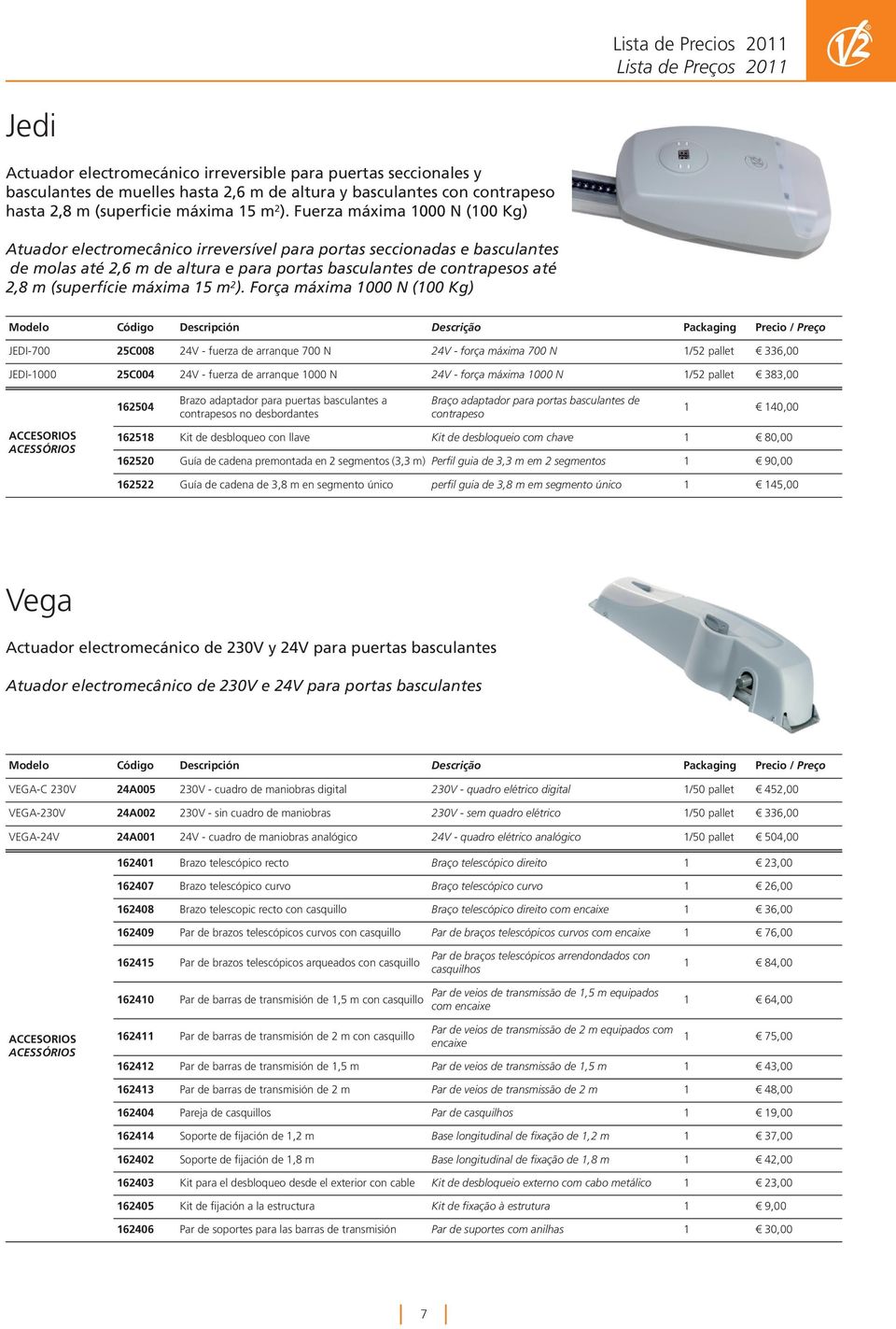 Fuerza máxima 1000 N (100 Kg) Atuador electromecânico irreversível para portas seccionadas e basculantes de molas até 2,6 m de altura e para portas basculantes de contrapesos até 2,8 m (superfície