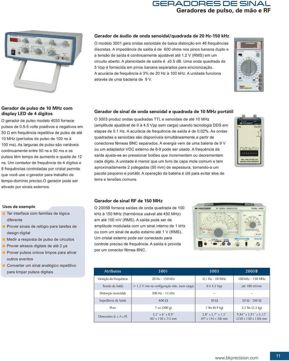 Uma onda quadrada de 5 Vpp é fornecida em pinos banana separados para sincronização. A acurácia de frequência é 3% de 20 Hz à 100 khz. A unidade funciona através de uma bacteria de 9 V.