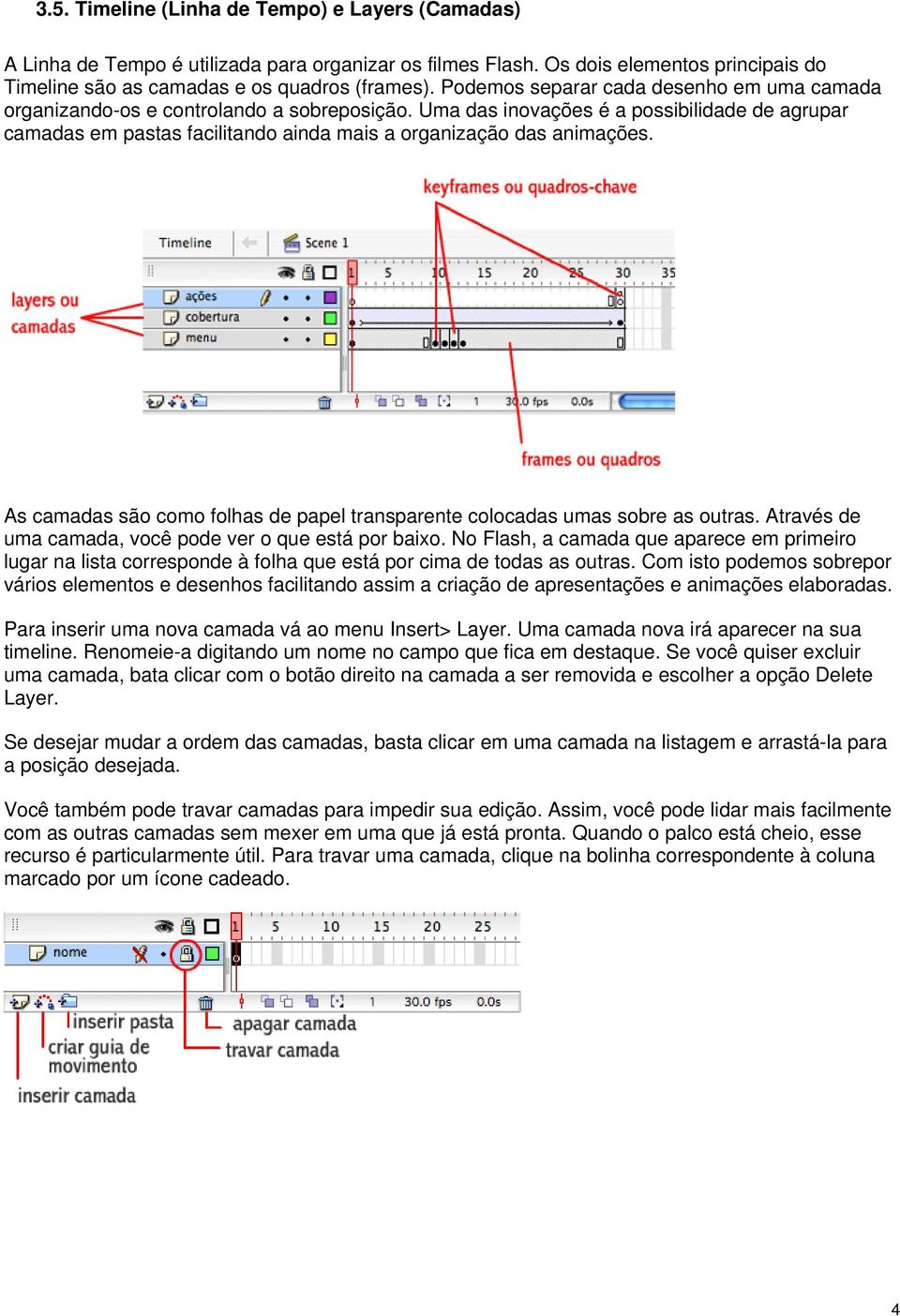 Uma das inovações é a possibilidade de agrupar camadas em pastas facilitando ainda mais a organização das animações. As camadas são como folhas de papel transparente colocadas umas sobre as outras.