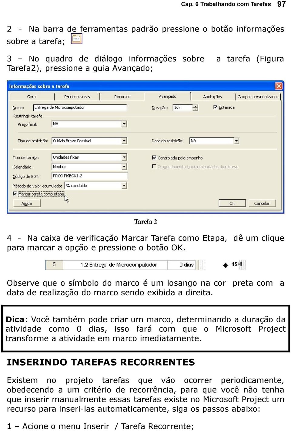 Observe que o símbolo do marco é um losango na cor preta com a data de realização do marco sendo exibida a direita.