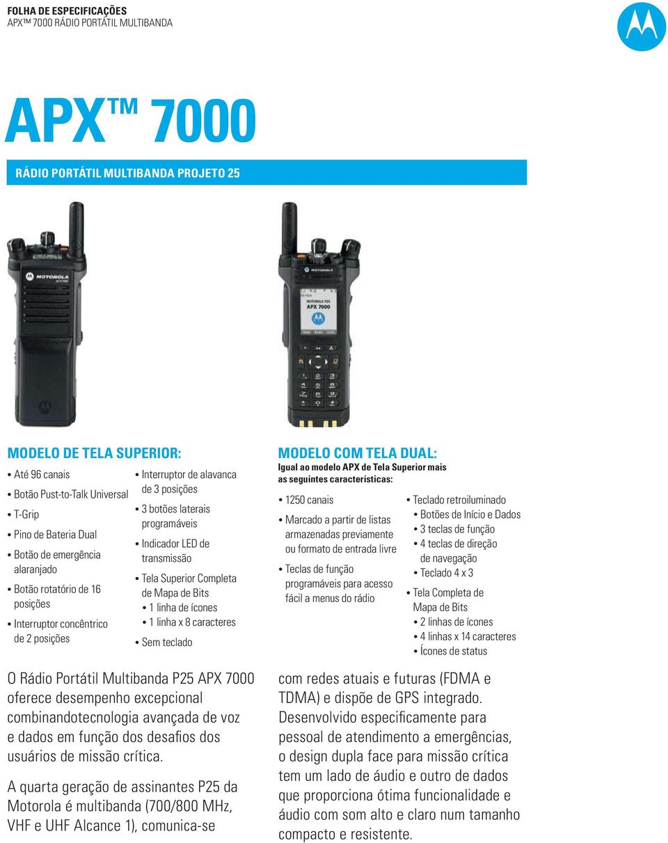 Multibanda P25 APX 7000 oferece desempenho excepcional combinandotecnologia avançada de voz e dados em função dos desafios dos usuários de missão crítica.