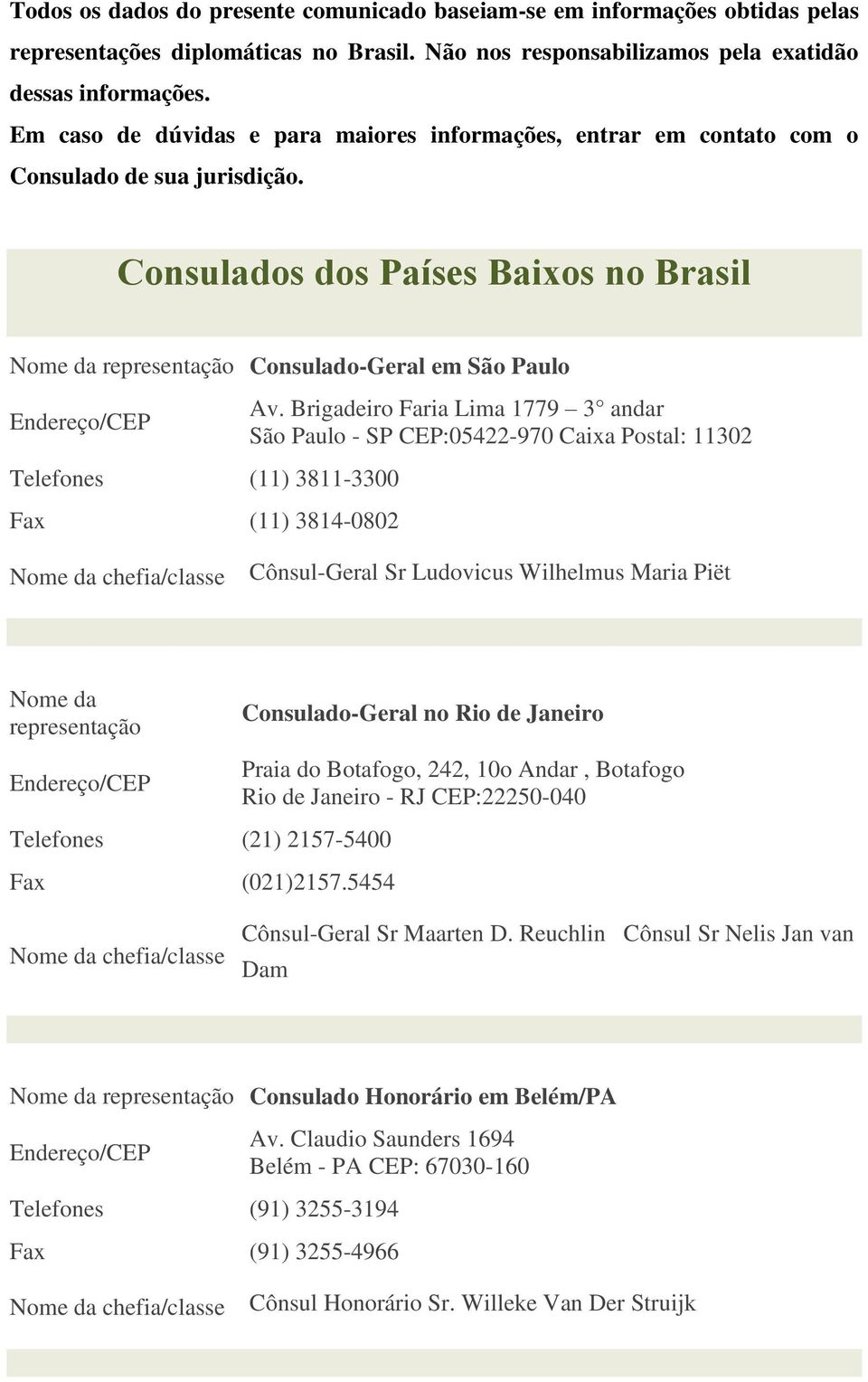 Brigadeiro Faria Lima 1779 3 andar São Paulo - SP CEP:05422-970 Caixa Postal: 11302 Telefones (11) 3811-3300 Fax (11) 3814-0802 Nome da chefia/classe Cônsul-Geral Sr Ludovicus Wilhelmus Maria Piët