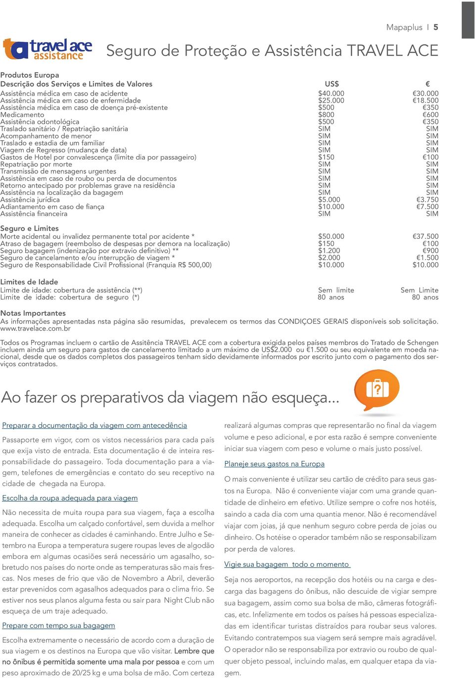 500 Assistência médica em caso de doença pré-existente $500 350 Medicamento $800 600 Assistência odontológica $500 350 Traslado sanitário / Repatriação sanitária SIM SIM Acompanhamento de menor SIM