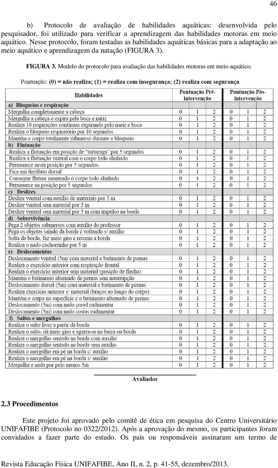 Modelo do protocolo para avaliação das habilidades motoras em meio aquático. 2.