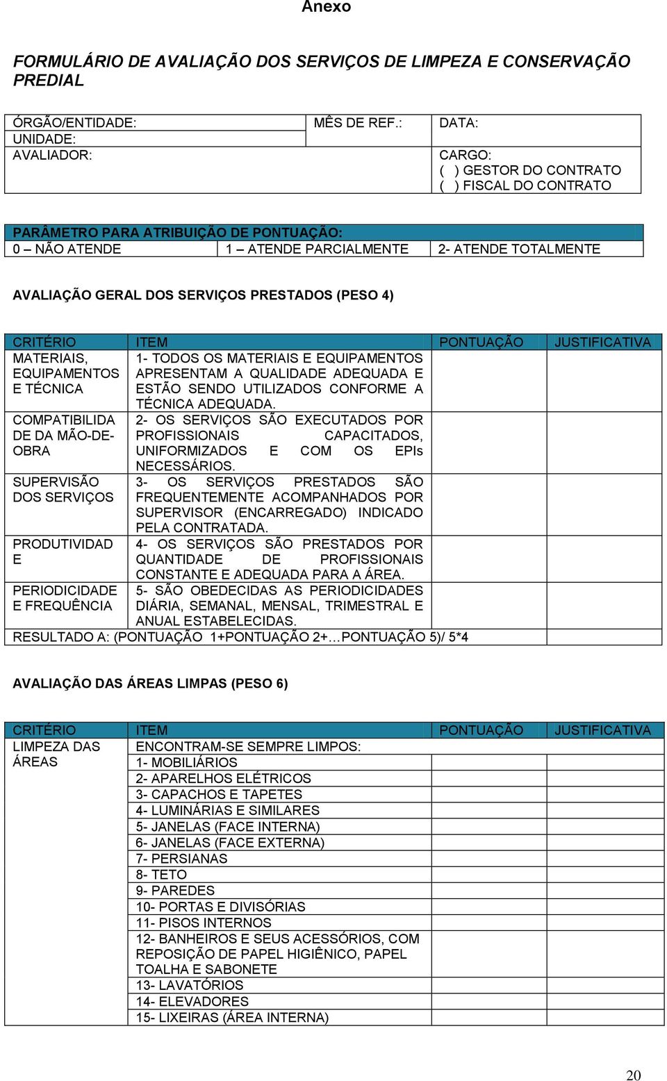 SERVIÇOS PRESTADOS (PESO 4) CRITÉRIO ITEM PONTUAÇÃO JUSTIFICATIVA MATERIAIS, EQUIPAMENTOS E TÉCNICA 1- TODOS OS MATERIAIS E EQUIPAMENTOS APRESENTAM A QUALIDADE ADEQUADA E ESTÃO SENDO UTILIZADOS