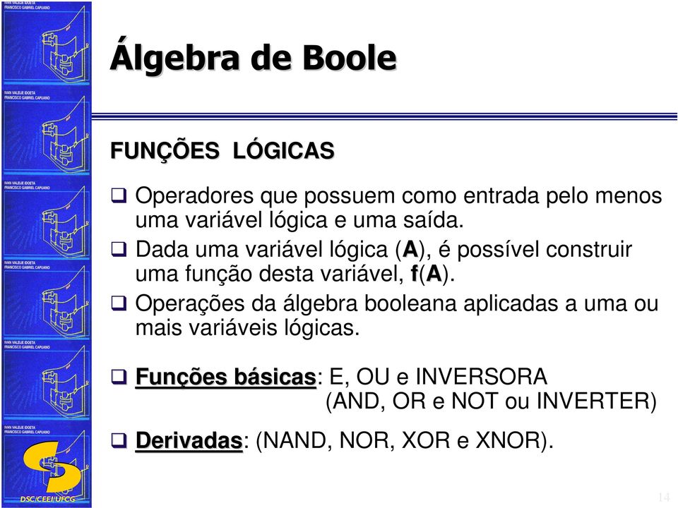 Dada uma variável lógica (A), é possível construir uma função desta variável, f(a).