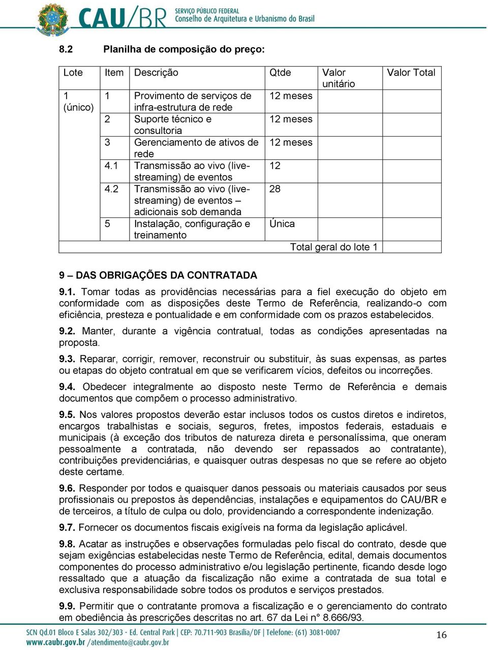 2 Transmissão ao vivo (livestreaming) 28 de eventos adicionais sob demanda 5 Instalação, configuração e Única treinamento Total geral do lote 1 