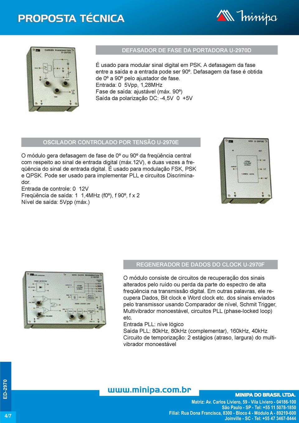 90º) Saída da polarização DC: -4,5V 0 +5V OSCILADOR CONTROLADO POR TENSÃO U-2970E O módulo gera defasagem de fase de 0º ou 90º da freqüência central com respeito ao sinal de entrada digital (máx.