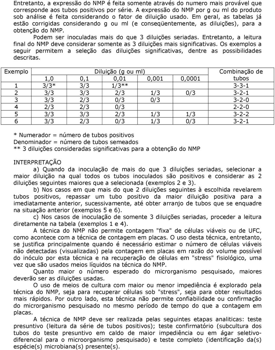 Em geral, as tabelas já estão corrigidas considerando g ou ml (e conseqüentemente, as diluições), para a obtenção do NMP. Podem ser inoculadas mais do que 3 diluições seriadas.