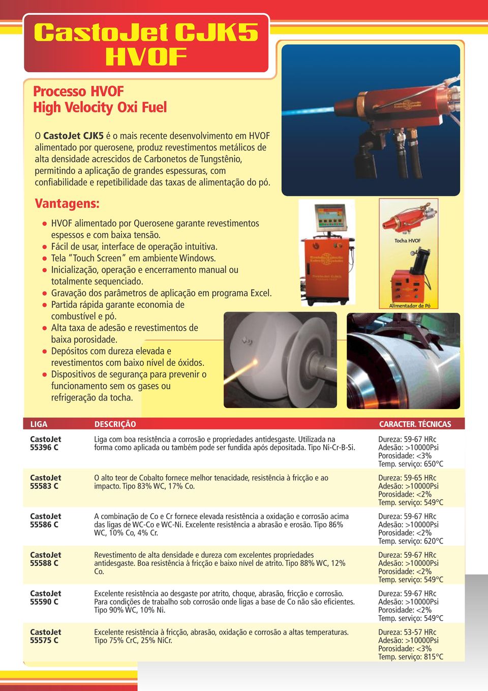Vantagens: HVOF alimentado por Querosene garante revestimentos espessos e com baixa tensão. Fácil de usar, interface de operação intuitiva. Tela Touch Screen em ambiente Windows.