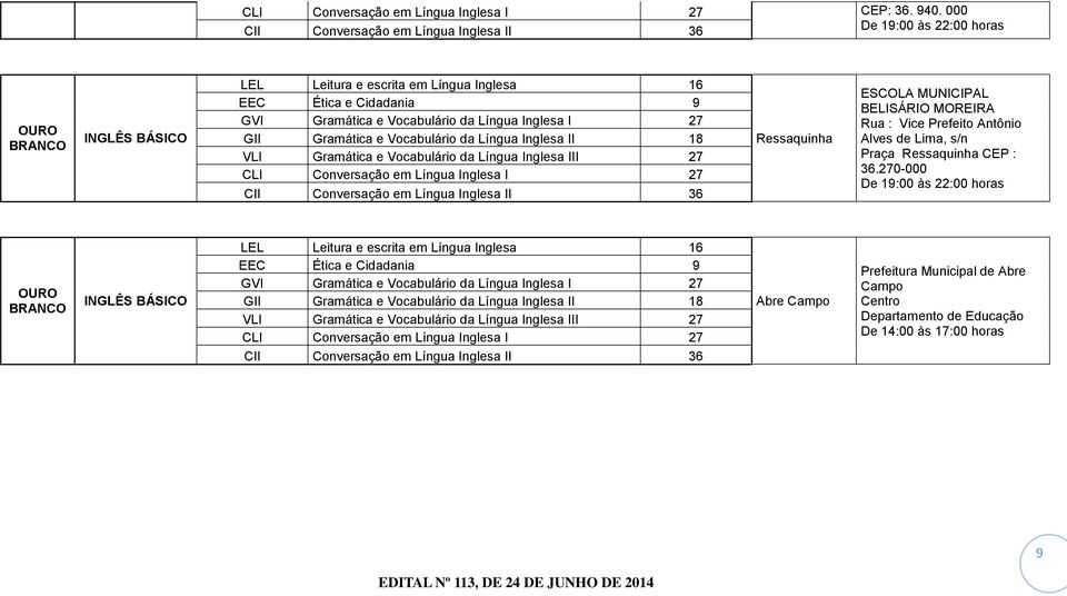 Inglesa I 27 GII Gramática e Vocabulário da Língua Inglesa II 18 VLI Gramática e Vocabulário da Língua Inglesa III 27 CLI Conversação em Língua Inglesa I 27 CII Conversação em Língua Inglesa II 36