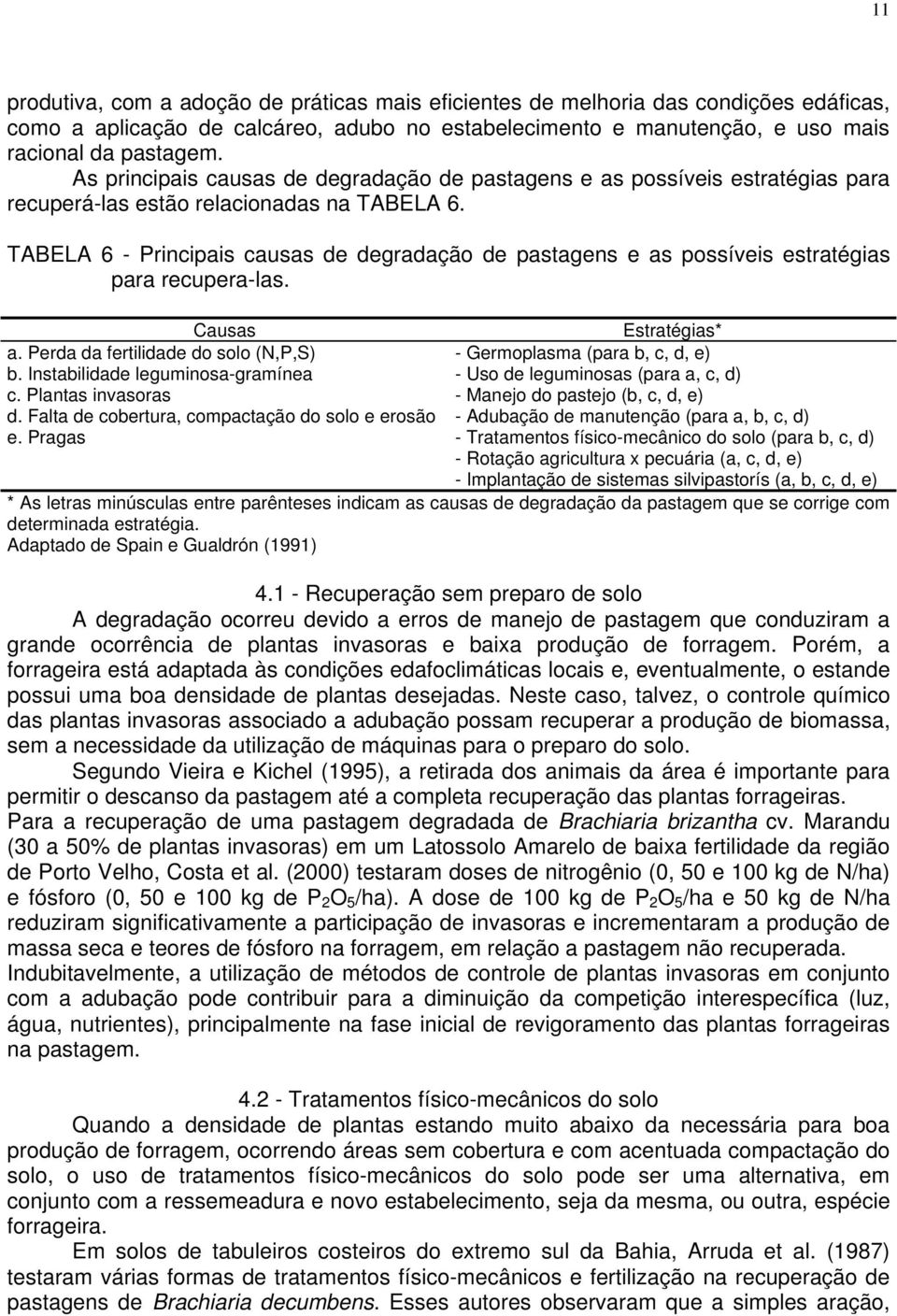 TABELA 6 - Principais causas de degradação de pastagens e as possíveis estratégias para recupera-las. Causas Estratégias* a. Perda da fertilidade do solo (N,P,S) - Germoplasma (para b, c, d, e) b.