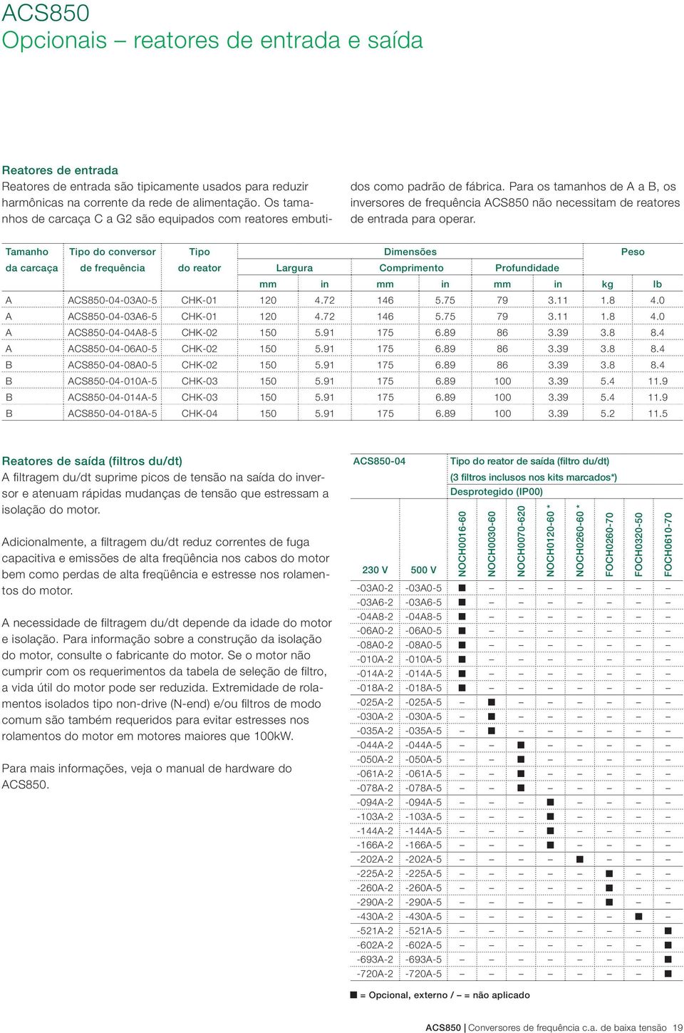 Para os tamanhos de A a B, os inversores de frequência ACS850 não necessitam de reatores de entrada para operar.