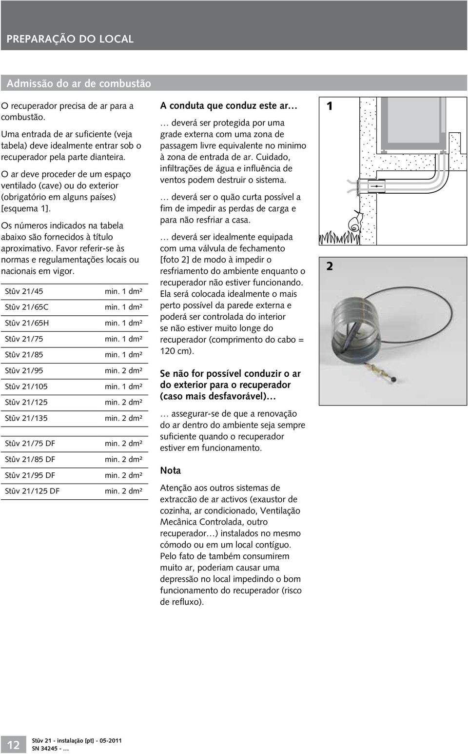 Favor referir-se às normas e regulamentações locais ou nacionais em vigor. Stûv / Stûv /C Stûv /H Stûv / Stûv / min. dm² min.