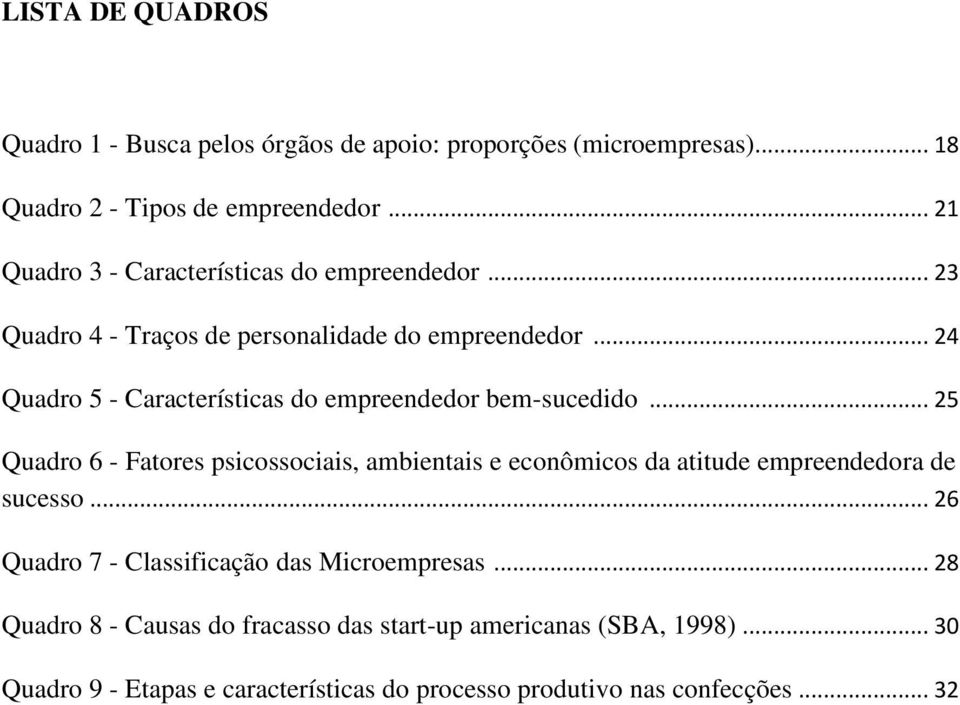 .. 24 Quadro 5 - Características do empreendedor bem-sucedido.