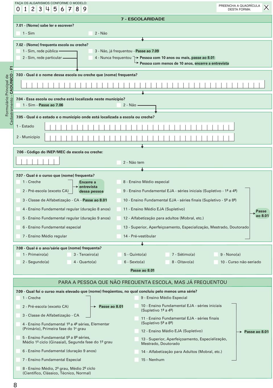 03 - Qual é o nome dessa escola ou creche que (nome) frequenta? 7.04 - Essa escola ou creche está localizada neste município? - Passe ao 7.06 7.