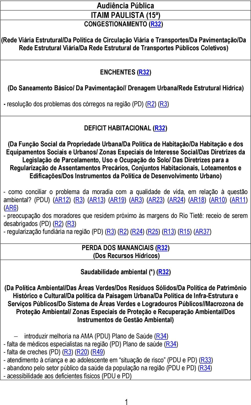 DEFICIT HABITACIONAL (R32) (Da Função Social da Propriedade Urbana/Da Política de Habitação/Da Habitação e dos Equipamentos Sociais e Urbanos/ Zonas Especiais de Interesse Social/Das Diretrizes da