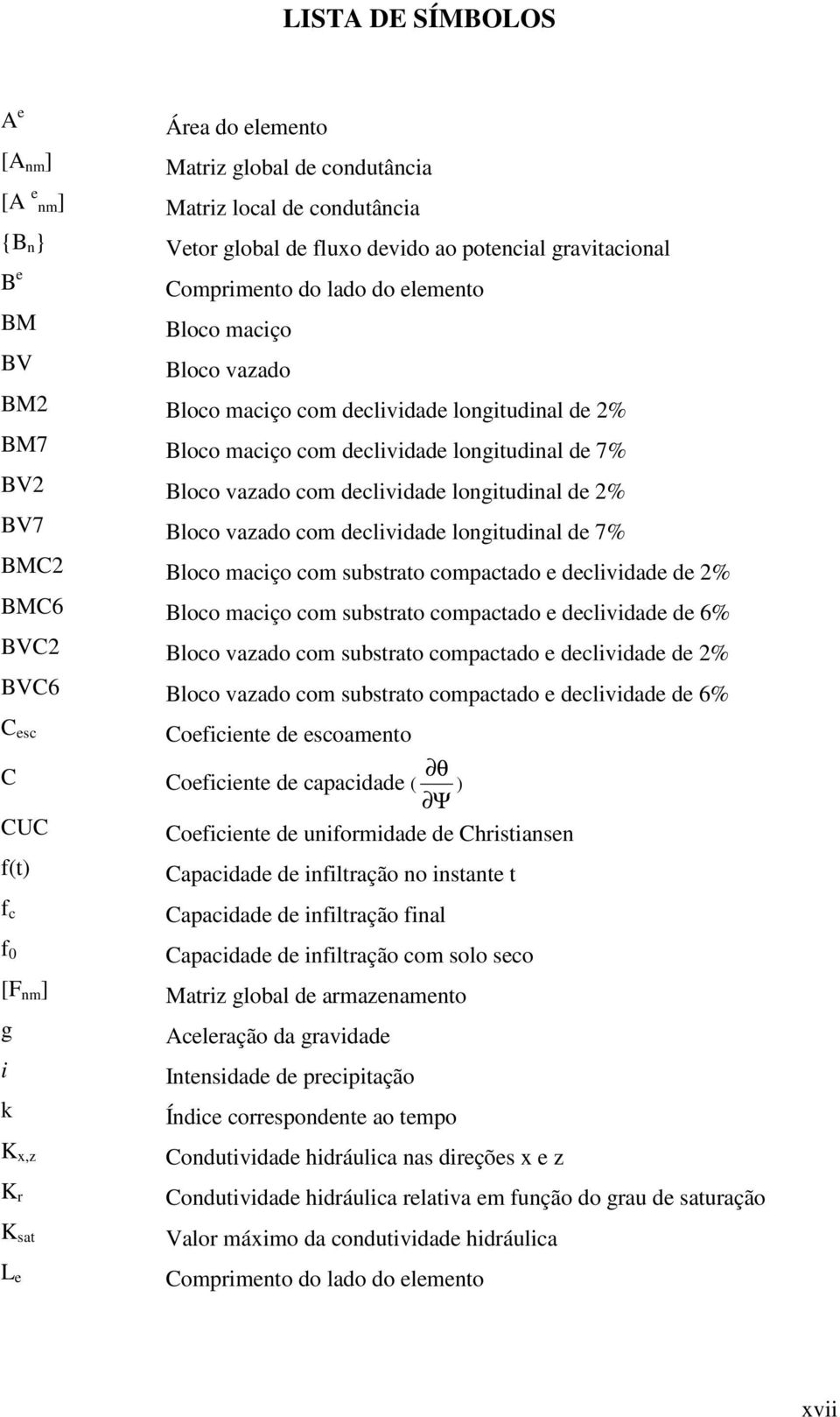 2% BV7 Bloco vazado com declividade longitudinal de 7% BMC2 Bloco maciço com substrato compactado e declividade de 2% BMC6 Bloco maciço com substrato compactado e declividade de 6% BVC2 Bloco vazado