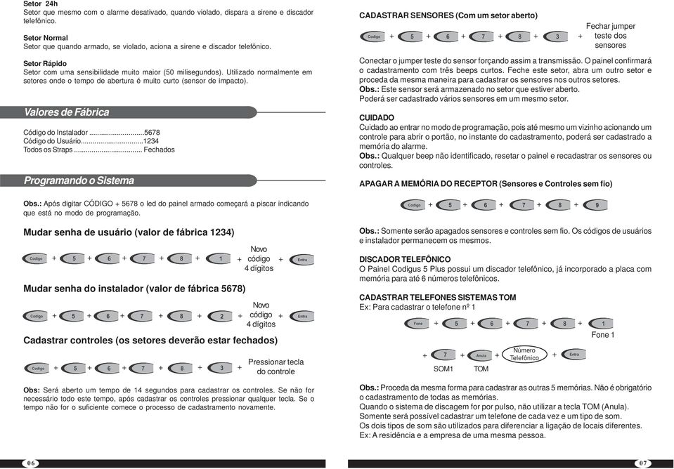 Valores de Fábrica Código do Instalador...5678 Código do Usuário...1234 Todos os Straps.