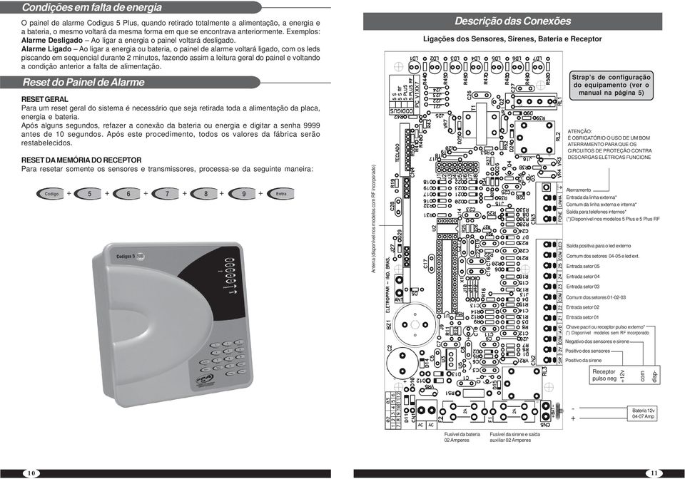 Alarme Ligado Ao ligar a energia ou bateria, o painel de alarme voltará ligado, com os leds piscando em sequencial durante 2 minutos, fazendo assim a leitura geral do painel e voltando a condição