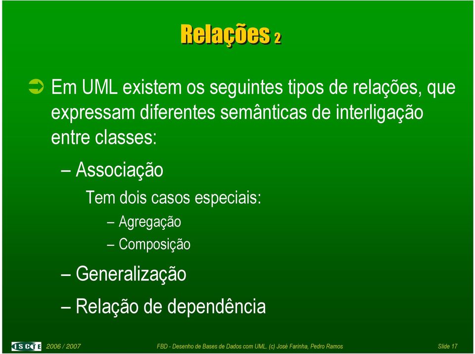 casos especiais: Agregação Composição Generalização Relação de dependência