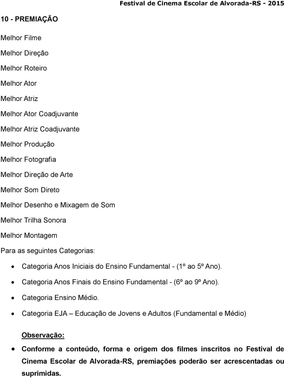 Ensino Fundamental - (1º ao 5º Ano). Categoria Anos Finais do Ensino Fundamental - (6º ao 9º Ano). Categoria Ensino Médio.