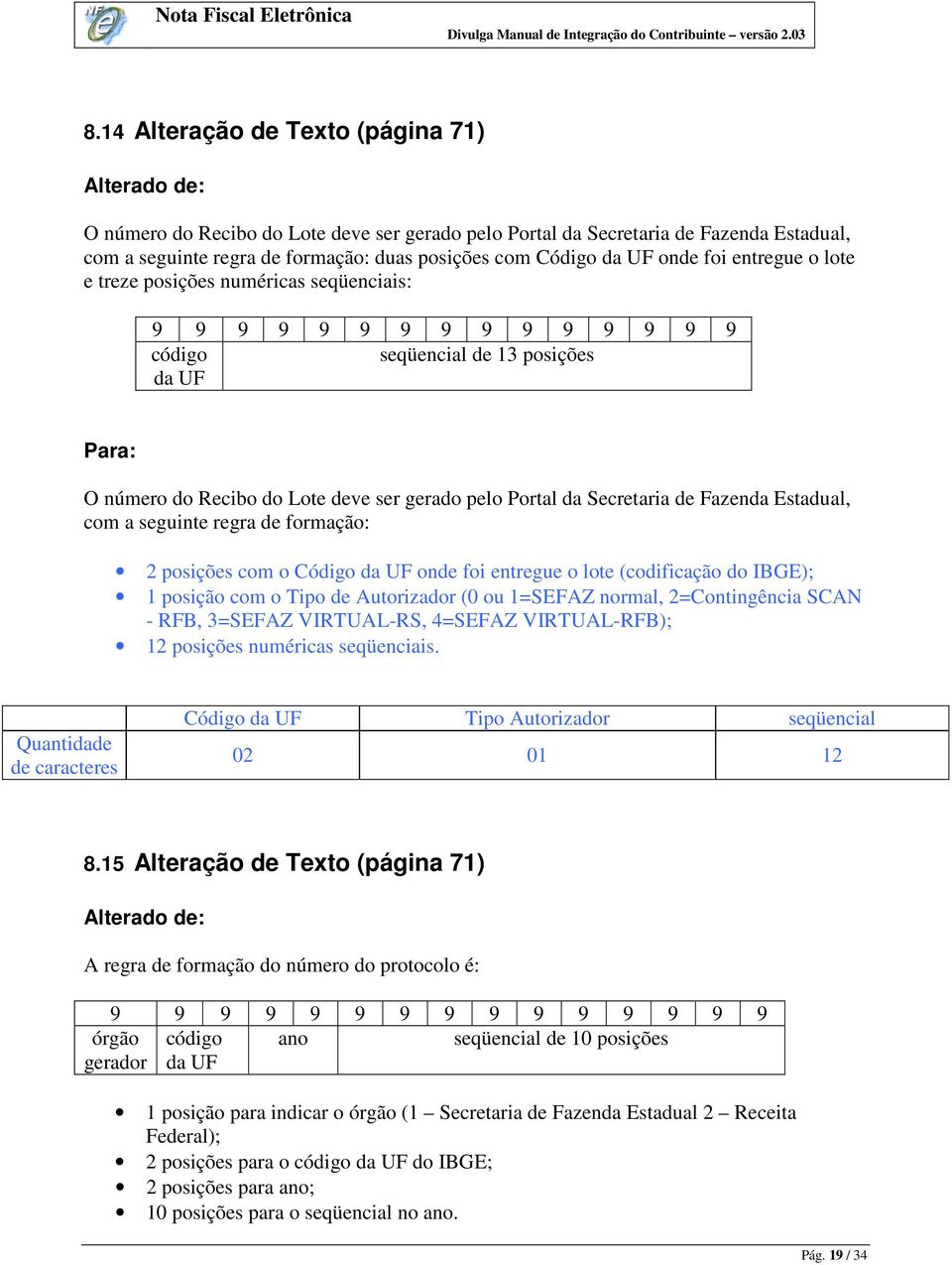 Fazenda Estadual, com a seguinte regra de formação: 2 posições com o Código da UF onde foi entregue o lote (codificação do IBGE); 1 posição com o Tipo de Autorizador (0 ou 1=SEFAZ normal,