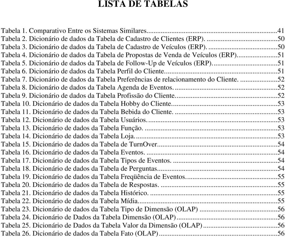 Dicionário de dados da Tabela de Follow-Up de Veículos (ERP)...51 Tabela 6. Dicionário de dados da Tabela Perfil do Cliente...51 Tabela 7.